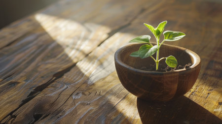 Artistic composition of a sunflower seedling in a wooden bowl, capturing its delicate features under natural sunlight on a wood surfaceの素材