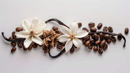 Artistic display of vanilla blooms and coffee beans, emphasizing texture and aroma on a bright white backgroundの素材