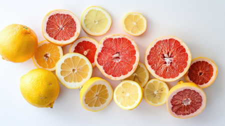 Artistic arrangement of cut lemons and grapefruits on a clean white surface, emphasizing their bright colorsの素材