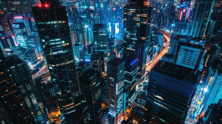 An urban cityscape at night, illuminated with bright lights and bustling with lifeの素材