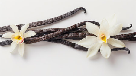 Detailed shot of vanilla flower and vanilla beans, capturing the essence of purity on a white backgroundの素材