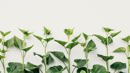 Detailed shot of vibrant sunflower plants with green shoots, set against a pristine white backgroundの素材