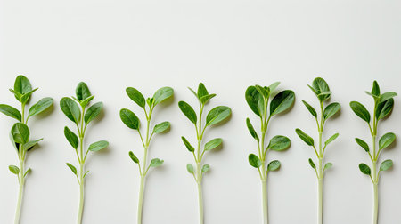 Artistic arrangement of sunflower seedlings in a row on a minimalist white surfaceの素材
