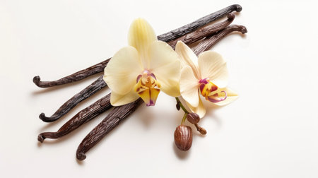 Artistic arrangement of vanilla pods and a blooming vanilla orchid, isolated on a clean white backdropの素材