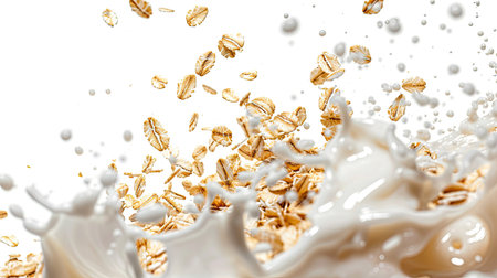 Artistic image of oat flakes and milk splash, perfectly isolated on a white backdropの素材