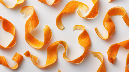 Dynamic shot of orange peel strips, artistically arranged on a white backgroundの素材