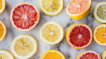 Fresh lemon and grapefruit slices spread out on a marble surface, creating a colorful citrus backgroundの素材