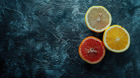 Dynamic shot of freshly cut lemon and grapefruit halves, placed on a dark textured backgroundの素材