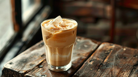 Frosty oatmilk latte with ice cubes in a clear glass, placed on a wooden tableの素材