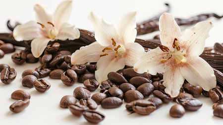 Detailed shot of vanilla flowers and coffee beans, creating an elegant and aromatic scene on a white backgroundの素材