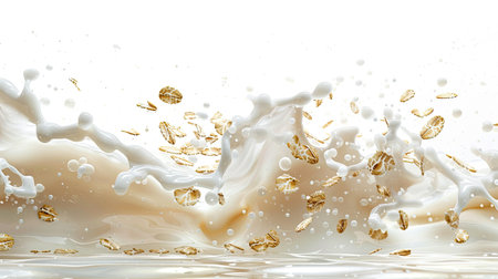 Dynamic scene of oat flakes interacting with a milk splash, isolated on whiteの素材