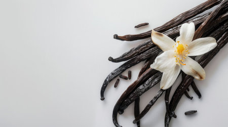 Top view of a beautiful vanilla blossom paired with vanilla beans on a pure white surfaceの素材