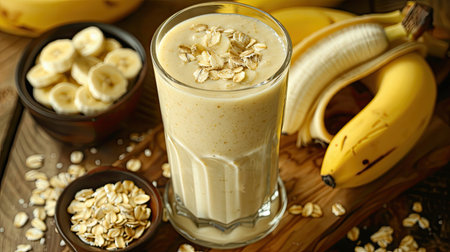 Nutrient-packed banana smoothie with oats in a stylish glass, with bananas and oats on a wooden surfaceの素材