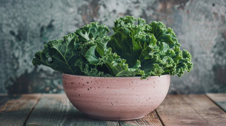 Freshly harvested green kale in a modern pink bowl, enhancing the rustic charm of a wooden tableの素材