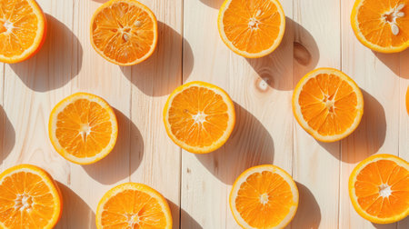 Top view of orange slices laid out on a light wooden table, creating a sunny and zesty backgroundの素材