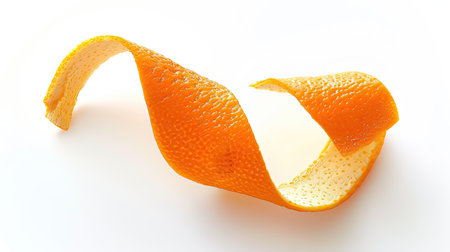 Orange peel in a twisted spiral, isolated against a bright white backgroundの素材