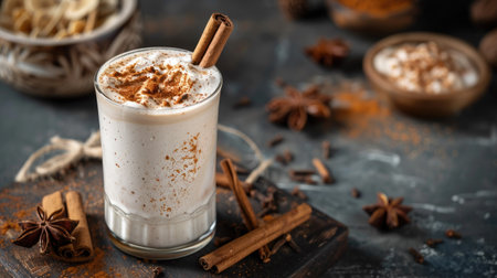 Refreshing cold shake oatmilk latte with ice in a glass, garnished with cinnamon sticksの素材