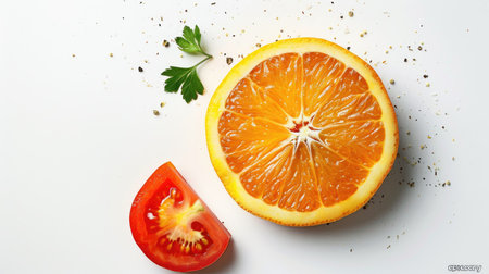 Fresh orange and a tomato slice in a simple composition, isolated on a white backdropの素材