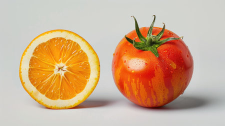Orange fruit paired with a juicy tomato slice, beautifully isolated on whiteの素材