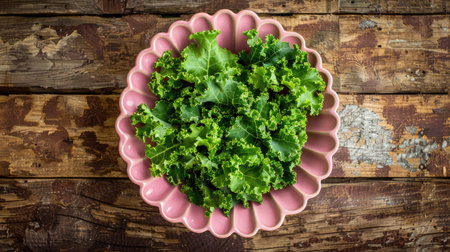 Top view of a fresh salad with green kale in a decorative pink bowl, atop a natural wood surfaceの素材