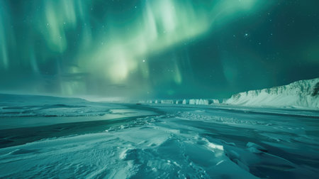 Aurora borealis illuminating the sky above a serene frozen sea coast, creating a magical winter seascapeの素材