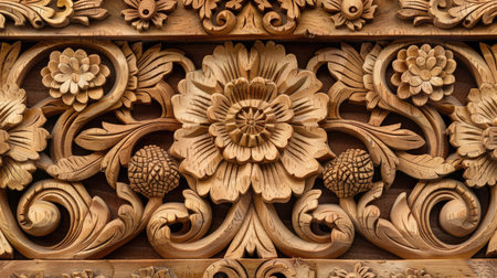 Detailed oak wood carving, showcasing intricate designs and cultural heritageの素材
