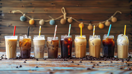 Assortment of iced coffee beverages in glass cups with straws, ready for a summer refreshment displayの素材