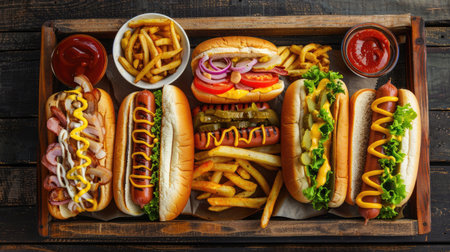Assorted fast food items like hot dogs, burgers, and fries, arranged on a tray for a satisfying mealの素材
