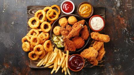 Delicious fast food platter showcasing onion rings, fries, nuggets, and crispy fried chicken, perfect for quick bitesの素材