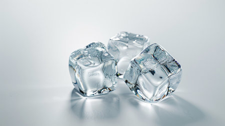 Close-up of three pristine ice cubes isolated on a white surface, ready to enhance your favorite chilled drinksの素材