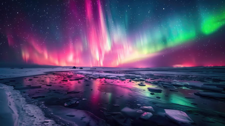 Ethereal Northern lights display over a cold ocean coastline, with vibrant colors reflecting off the frozen seaの素材