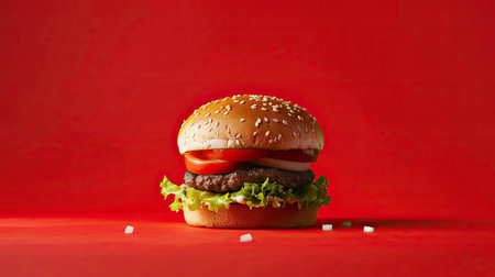 Gigantic hamburger showcasing its impressive size against a bright red background, a treat for burger enthusiastsの素材