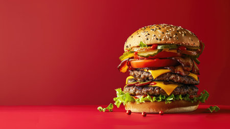 Impressive tall burger with layers of meat, cheese, and lettuce on a bold red background, ready to satisfy cravingsの素材