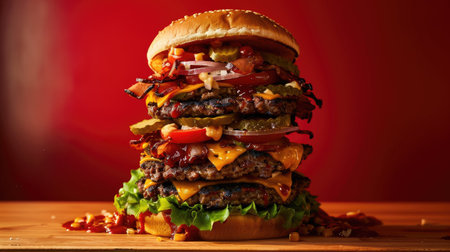 Enormous burger towering over a red background, showcasing its mouthwatering layers of ingredientの素材