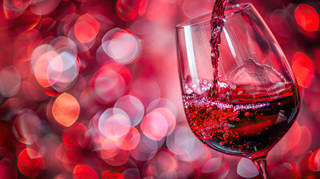 Close-up of red wine being poured into a glass, capturing the luxurious splash and textureの素材