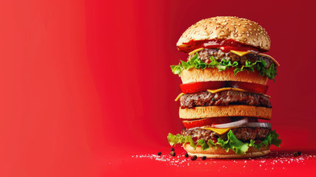Massive burger with multiple layers of savory goodness on a striking red background, ready to be devouredの素材