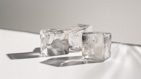 Group of three crystal-clear ice cubes on a clean white surface, ideal for illustrating refreshing beverage conceptsの素材