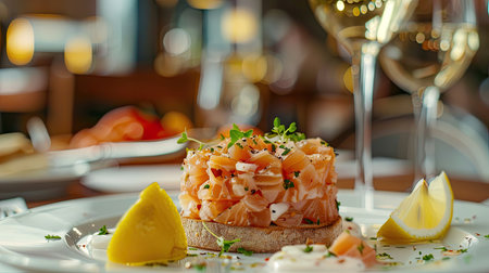 Elegant presentation of raw salmon tartare accompanied by toast sauce, lemon wedges, and a glass of white wine in a blurred restaurant backgroundの素材