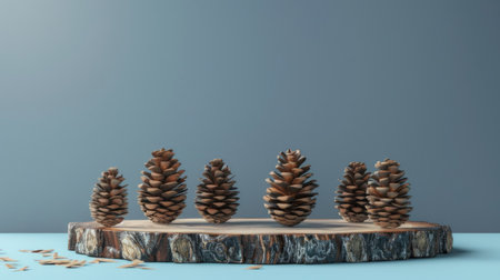 Minimalist wooden podium with pine cones set on a serene blue surface, ideal for eco-friendly product showcasesの素材