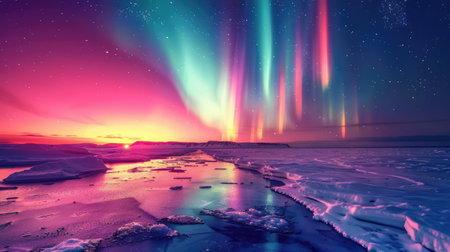 Majestic Northern lights over an icy ocean coastline, with vibrant colors reflecting in the calm watersの素材