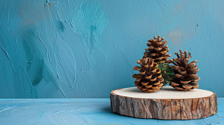 Rustic wooden podium with pine cones arranged on a calming blue background, suitable for eco-conscious designsの素材