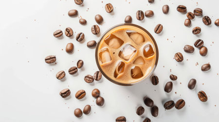 Iced latte coffee with scattered coffee beans on a white background, perfect for coffee enthusiastsの素材