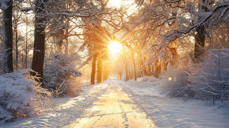 Tranquil winter road surrounded by snowy trees and sunlight in a serene natural park settingの素材