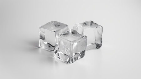 Transparent ice cubes arranged in a trio on a white background, emphasizing their clarity and cooling propertiesの素材