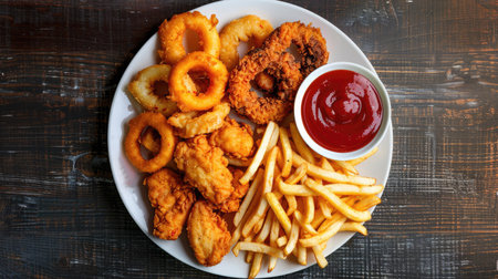 Top view of a plate featuring onion rings, french fries, chicken nuggets, and fried chicken, appealing to fast food enthusiastsの素材