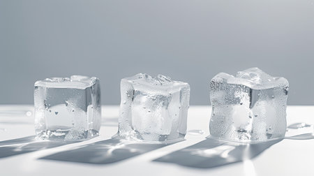 Transparent ice cubes arranged in a trio, isolated on a white backdrop, perfect for summer drink visualsの素材
