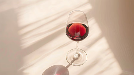 Studio shot of a red wine glass with subtle shadows on a neutral white backgroundの素材