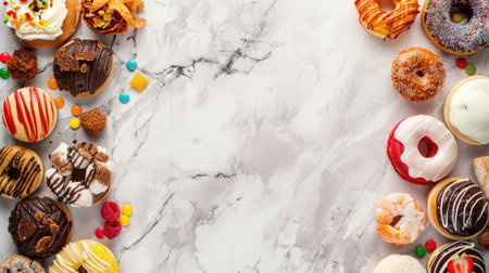 Assorted junk food forming a creative double border against a luxurious white marble background, ideal for culinary themesの素材