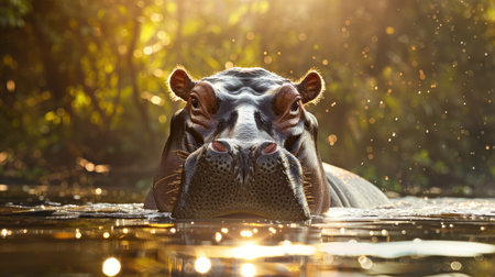 Large hippo observing us from the river's edge, water glistening in the sunlight behind itの素材
