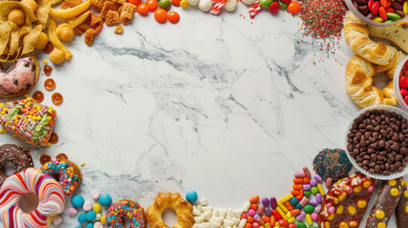 Colorful assortment of junk food items forming an enticing double border on a refined white marble backdropの素材